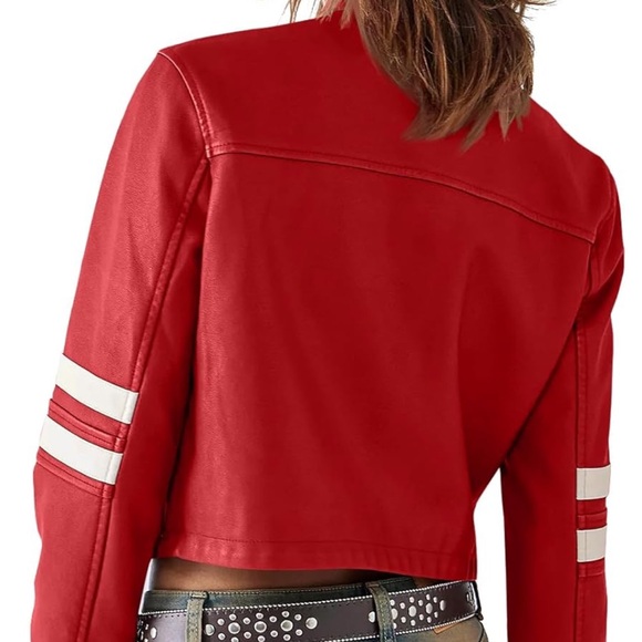 Red and White Women's Faux Leather Jacket - Picture 2 of 7